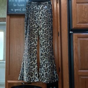 ChicMe Leopard Print Sequin Flare Leg Pants Medium